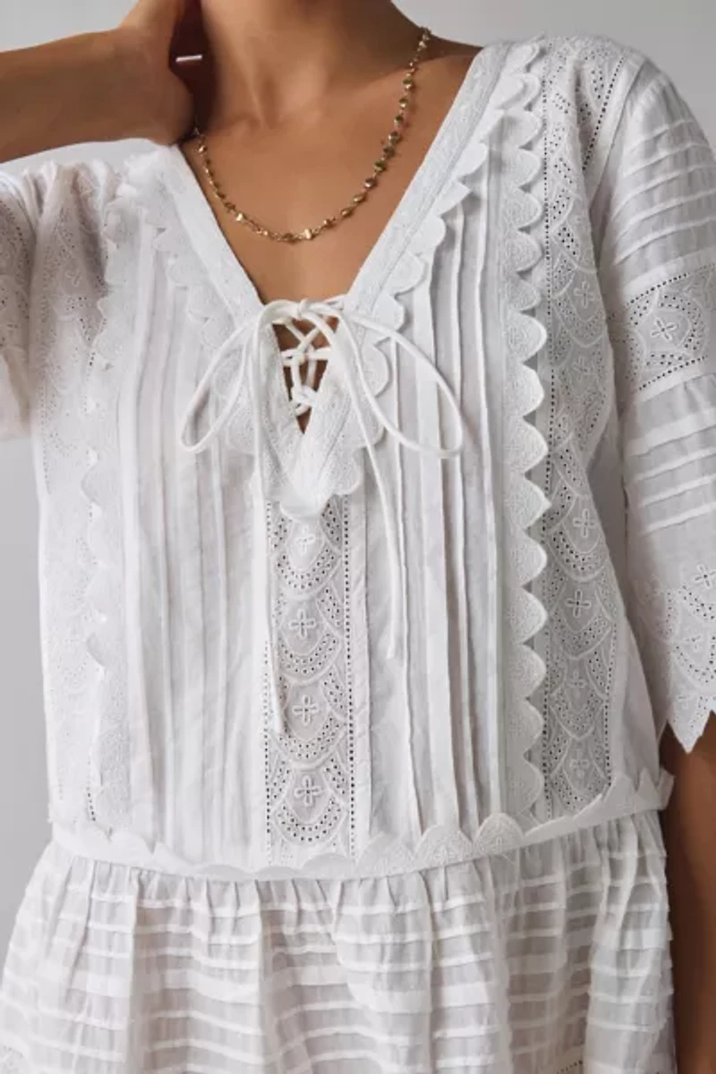 LoveShackFancy Orcia Scalloped Cotton Short Sleeve Mini Dress