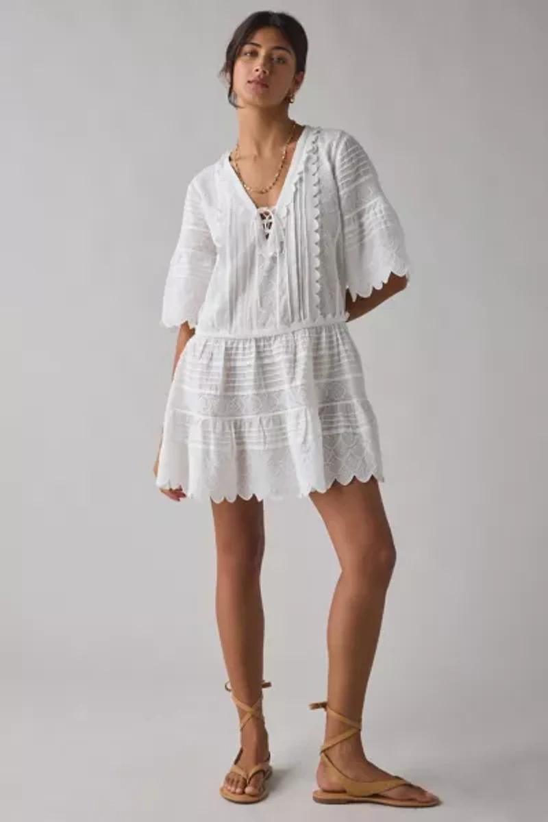 LoveShackFancy Orcia Scalloped Cotton Short Sleeve Mini Dress