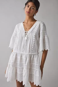 LoveShackFancy Orcia Scalloped Cotton Short Sleeve Mini Dress