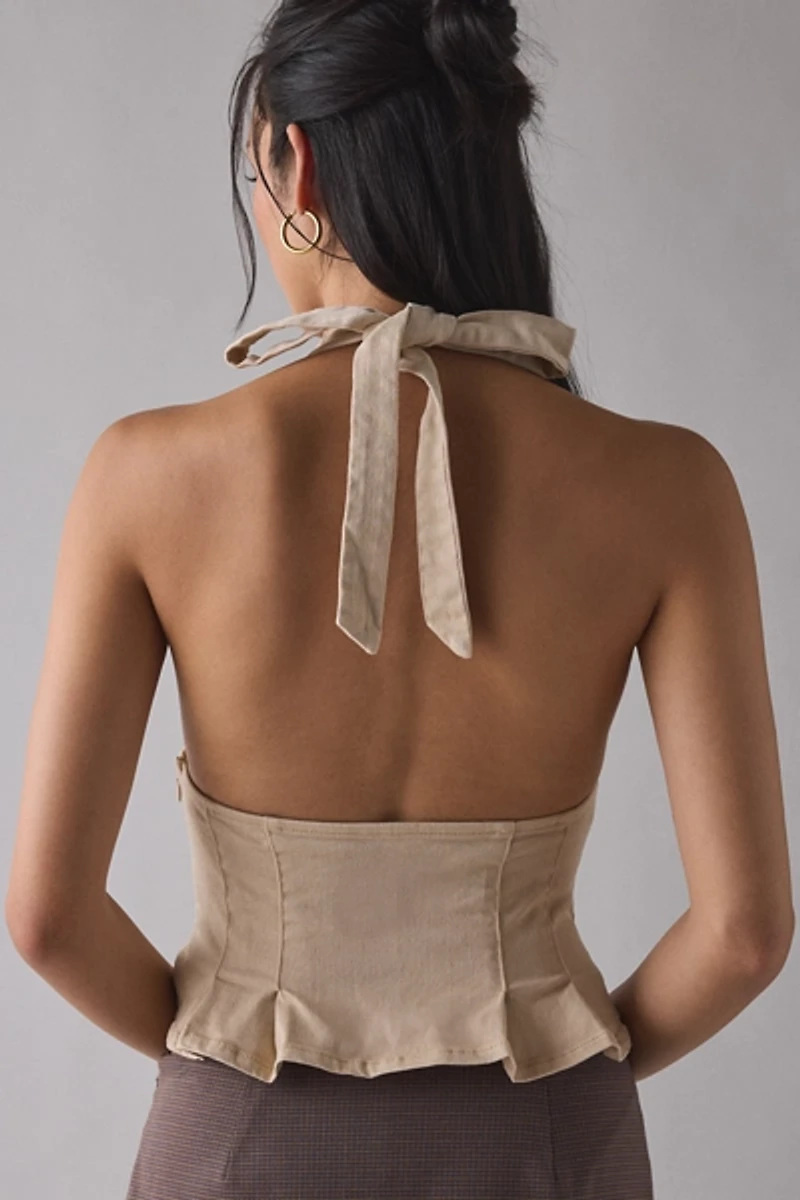 UO With Love Plunging Halter Denim Crop Top