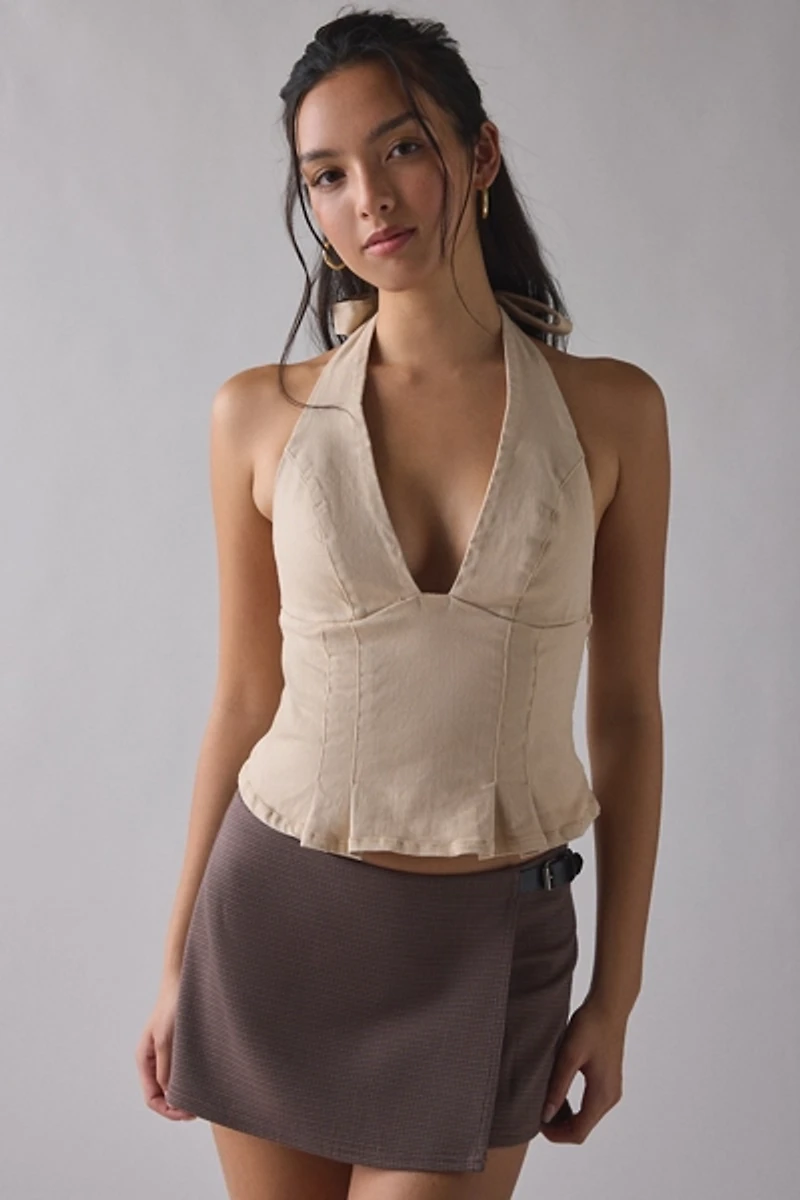 UO With Love Plunging Halter Denim Crop Top