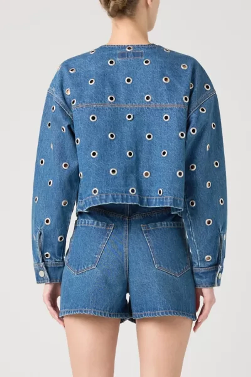 BLANKNYC Silver Dreams Grommet Cutout Cropped Denim Jacket