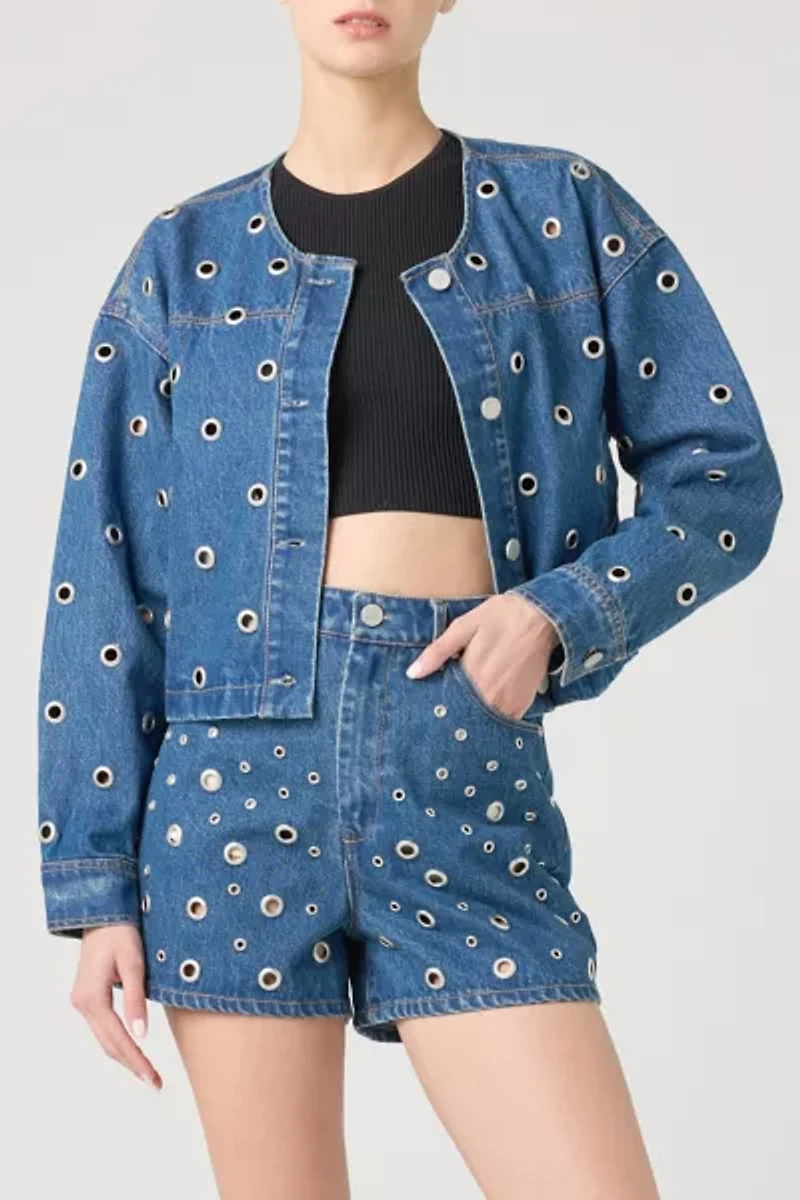 BLANKNYC Silver Dreams Grommet Cutout Cropped Denim Jacket
