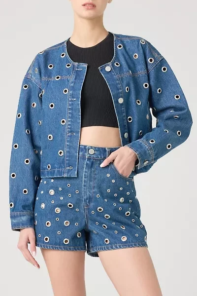 BLANKNYC Silver Dreams Grommet Cutout Cropped Denim Jacket