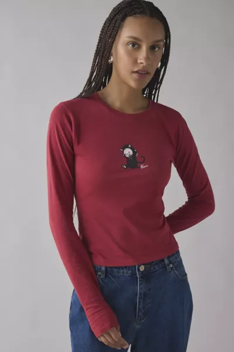 Kewpie Halloween Cat Graphic Long Sleeve Slim Tee