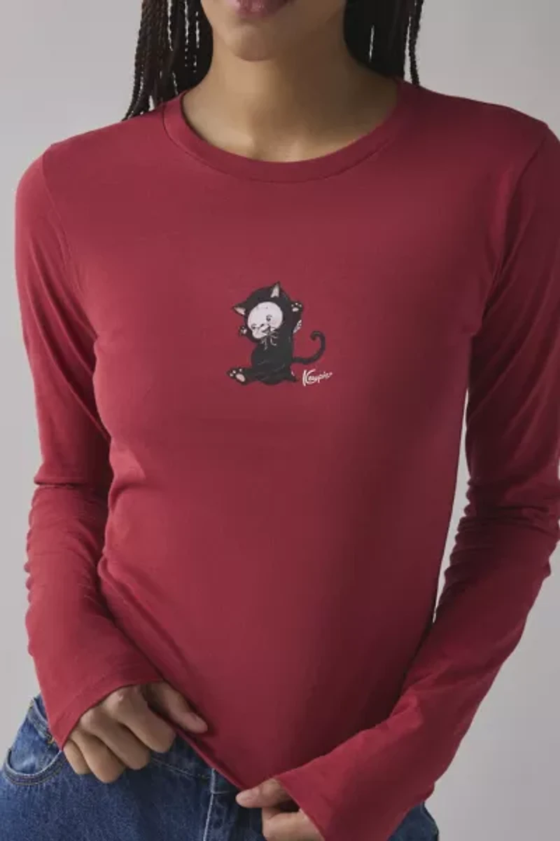 Kewpie Halloween Cat Graphic Long Sleeve Slim Tee