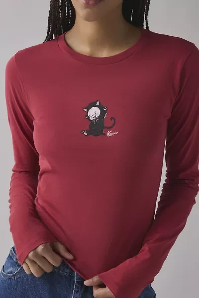 Kewpie Halloween Cat Graphic Long Sleeve Slim Tee