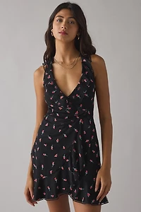 UO Wrapped You Plunging Ruffle Mesh Mini Dress