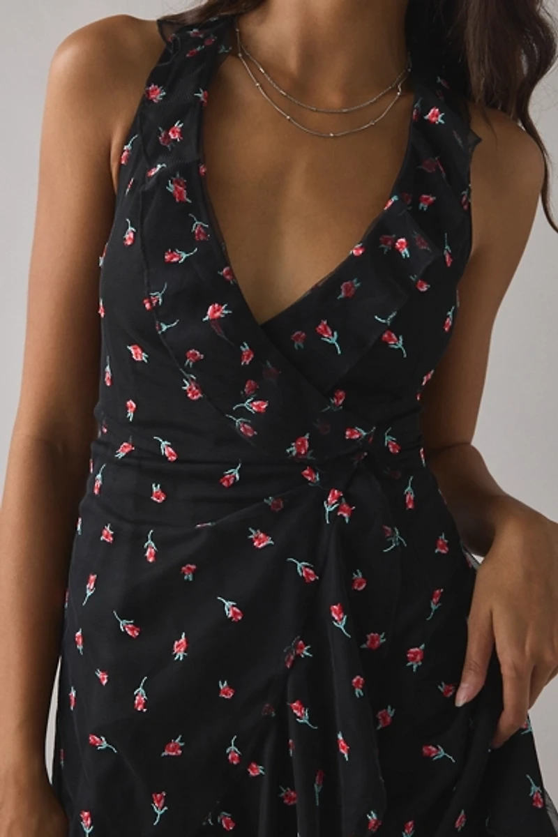 UO Wrapped You Plunging Ruffle Mesh Mini Dress