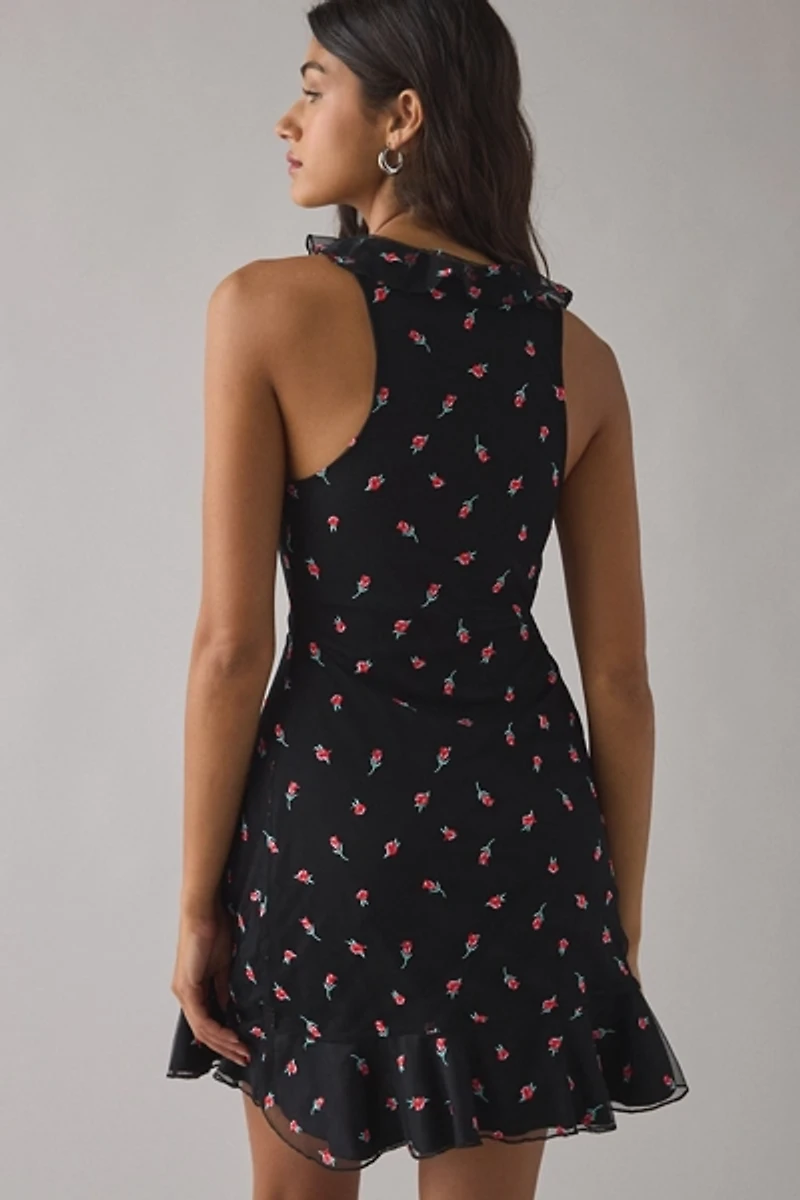 UO Wrapped You Plunging Ruffle Mesh Mini Dress