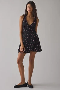 UO Wrapped You Plunging Ruffle Mesh Mini Dress