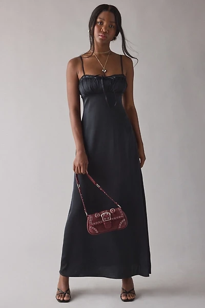 UO Tied With A Bow Lace + Ribbon Trim Satin Slip Maxi Dress