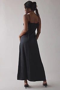 UO Tied With A Bow Lace + Ribbon Trim Satin Slip Maxi Dress