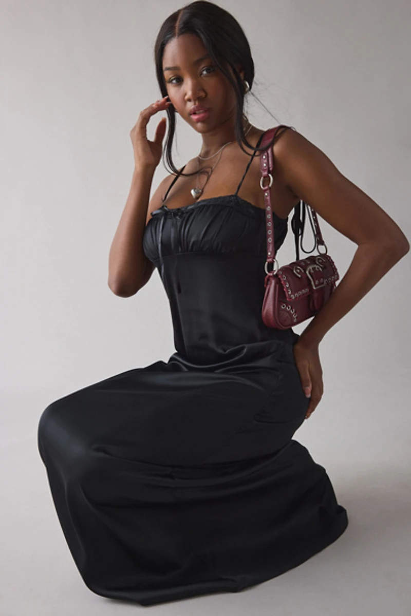 UO Tied With A Bow Lace + Ribbon Trim Satin Slip Maxi Dress