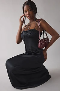 UO Tied With A Bow Lace + Ribbon Trim Satin Slip Maxi Dress