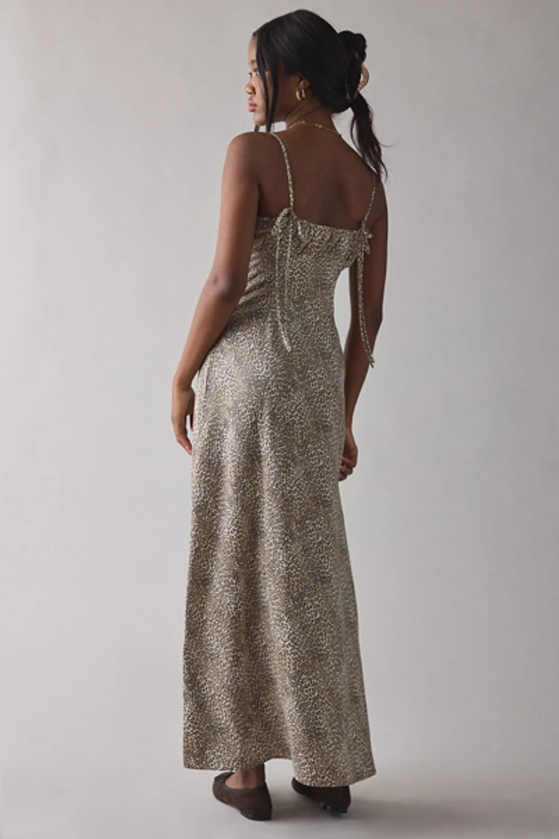 UO Tied With A Bow Lace + Ribbon Trim Satin Slip Maxi Dress