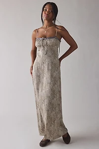 UO Tied With A Bow Lace + Ribbon Trim Satin Slip Maxi Dress