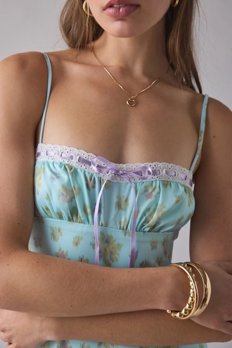 UO Tied With A Bow Lace + Ribbon Trim Satin Slip Maxi Dress