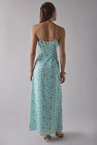 UO Tied With A Bow Lace + Ribbon Trim Satin Slip Maxi Dress