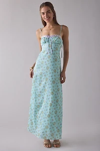 UO Tied With A Bow Lace + Ribbon Trim Satin Slip Maxi Dress