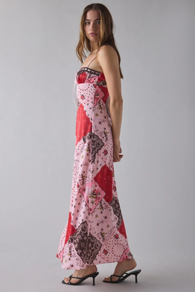 UO Tied With A Bow Lace + Ribbon Trim Satin Slip Maxi Dress