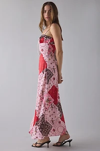 UO Tied With A Bow Lace + Ribbon Trim Satin Slip Maxi Dress