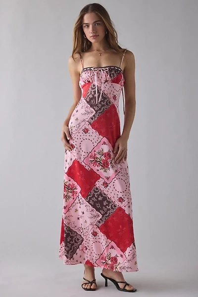 UO Tied With A Bow Lace + Ribbon Trim Satin Slip Maxi Dress