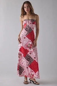 UO Tied With A Bow Lace + Ribbon Trim Satin Slip Maxi Dress