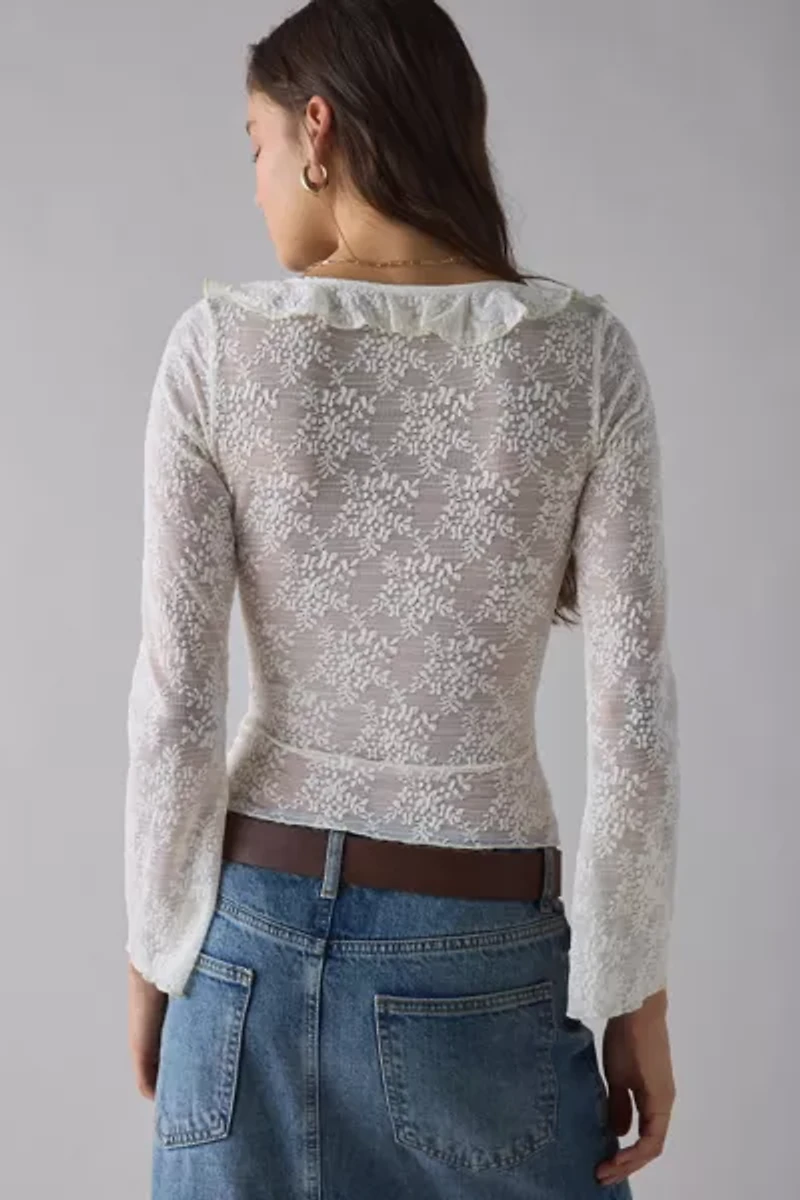 Kiss The Sky Lola Sheer Lace Tie-Front Ruffle Top