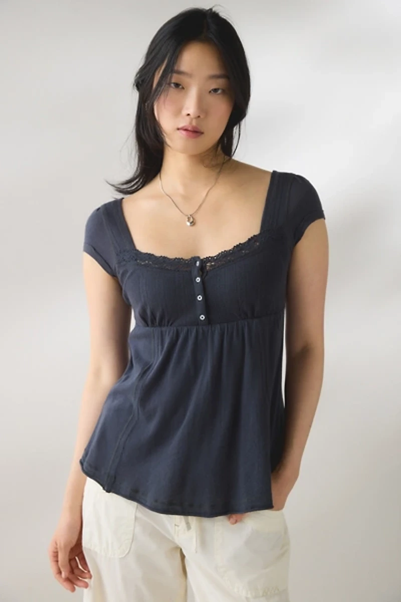 BDG Sawyer Lace Trim Short Sleeve Babydoll Top