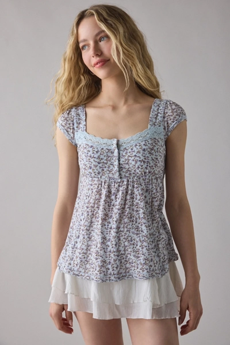 BDG Sawyer Lace Trim Short Sleeve Babydoll Top
