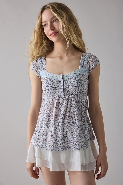 BDG Sawyer Lace Trim Short Sleeve Babydoll Top