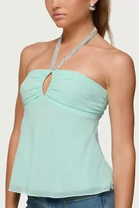 Edikted Sequin Chiffon Keyhole Halter Top