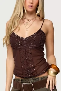 Edikted Azelia Beaded Sheer Chiffon Top