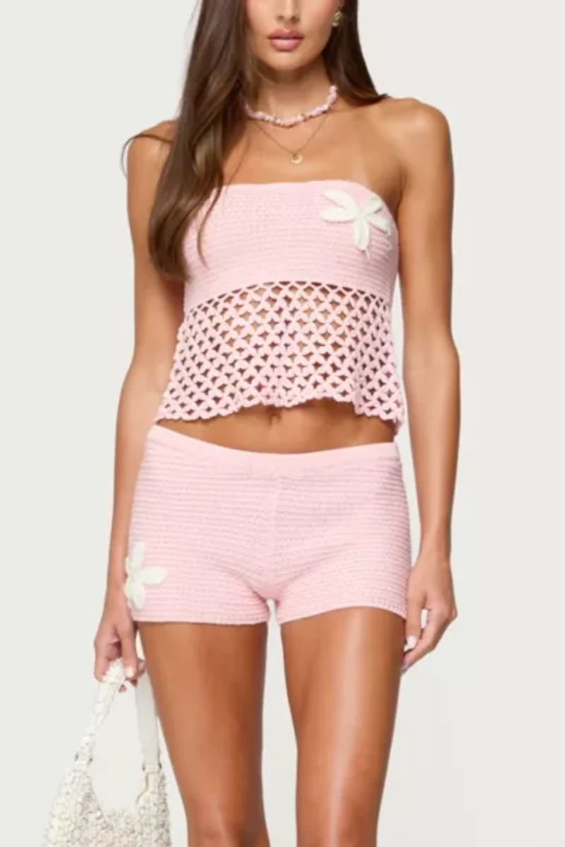 Edikted Tahna Flower Strapless Crochet Top