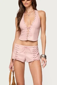 Edikted Elisha Lace Up Faux Leather Halter Top