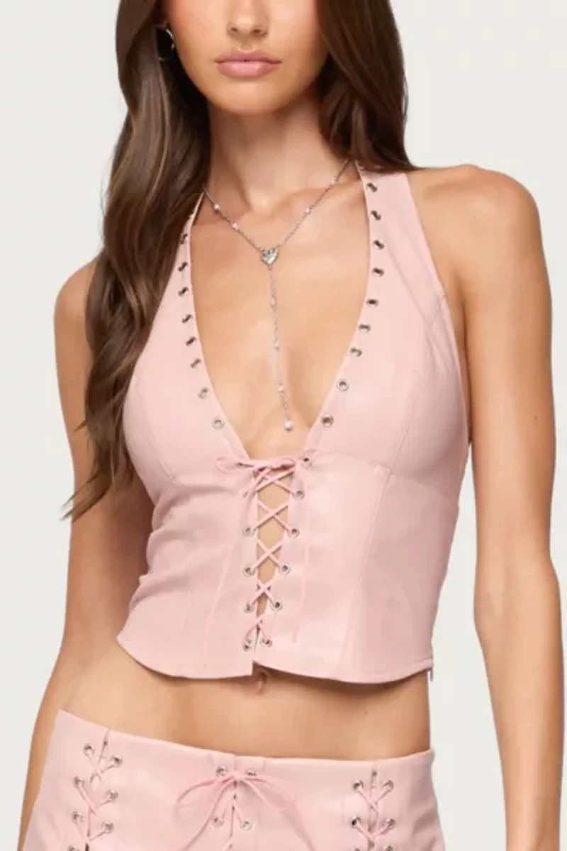 Edikted Elisha Lace Up Faux Leather Halter Top