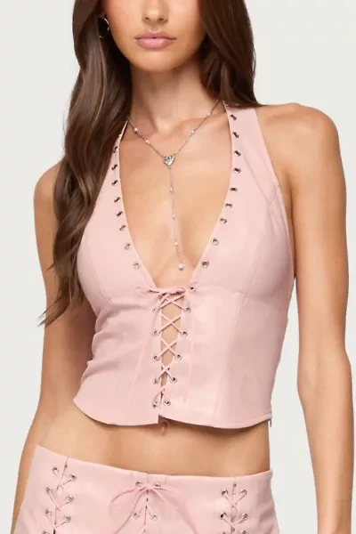Edikted Elisha Lace Up Faux Leather Halter Top