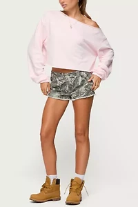 Edikted Joyce Camo Low Rise Denim Shorts