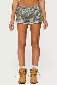 Edikted Joyce Camo Low Rise Denim Shorts