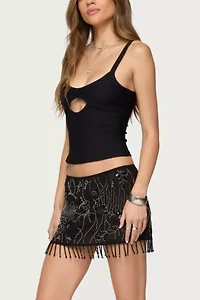 Edikted Sheer Sequin Bead Fringed Mini Skirt