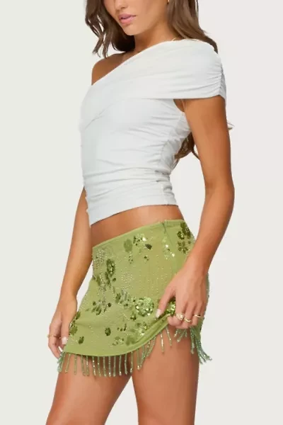 Edikted Sheer Sequin Bead Fringed Mini Skirt