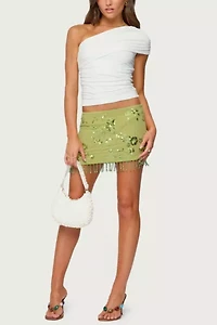 Edikted Sheer Sequin Bead Fringed Mini Skirt