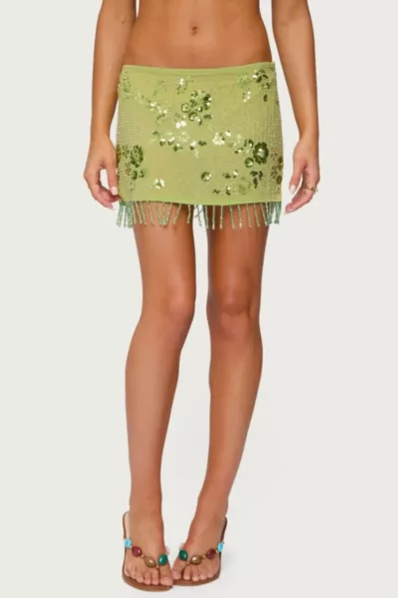 Edikted Sheer Sequin Bead Fringed Mini Skirt