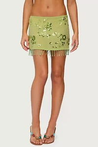 Edikted Sheer Sequin Bead Fringed Mini Skirt
