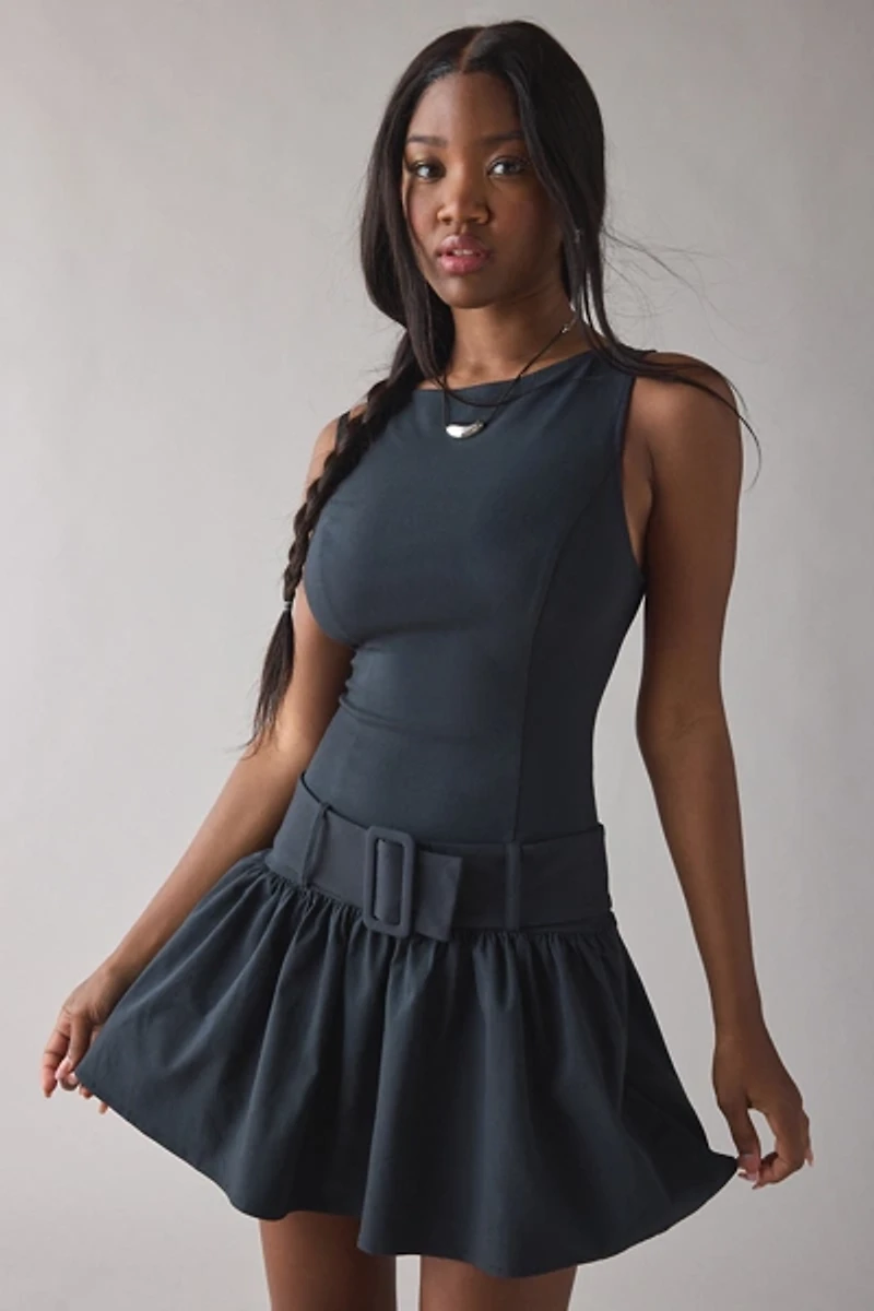 UO Mod-Ern Wide Belted Drop Waist Mini Dress