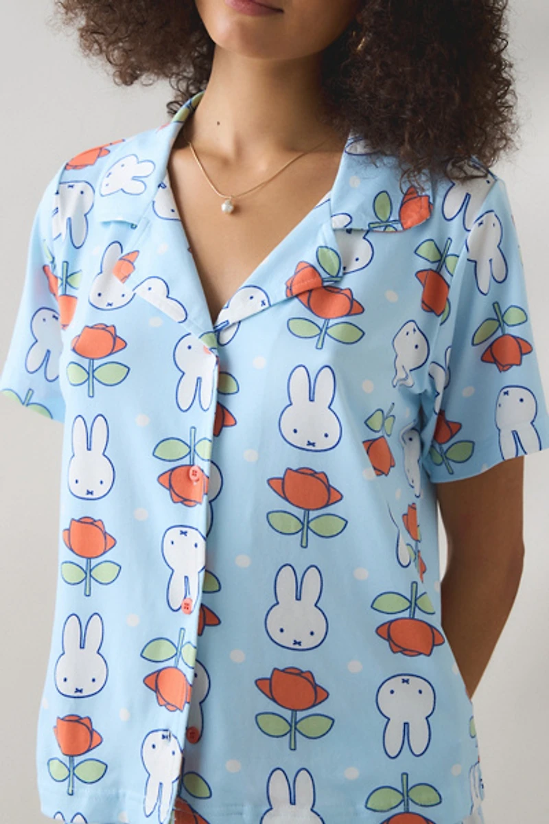 Miffy Flower Print Short Sleeve Button-Down Top + 2-Piece PJ Set