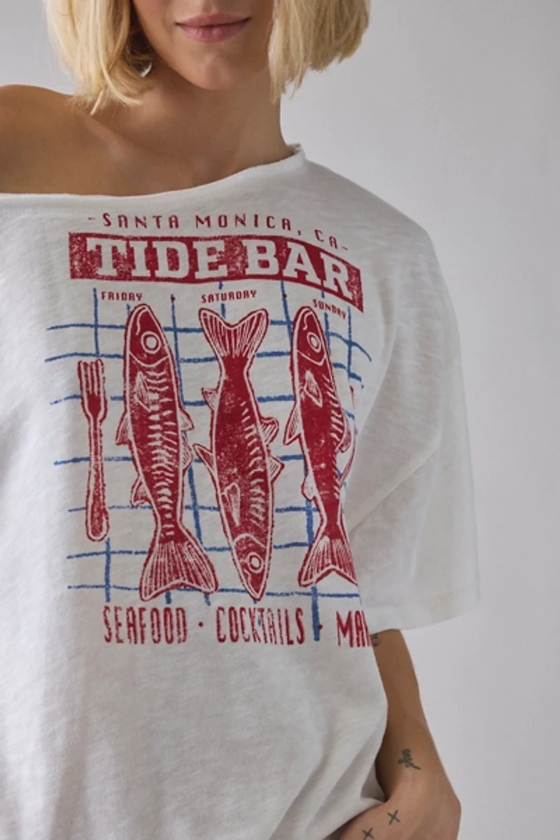 BDG Courtney Santa Monica Fish Graphic Off-The-Shoulder Oversized Tee