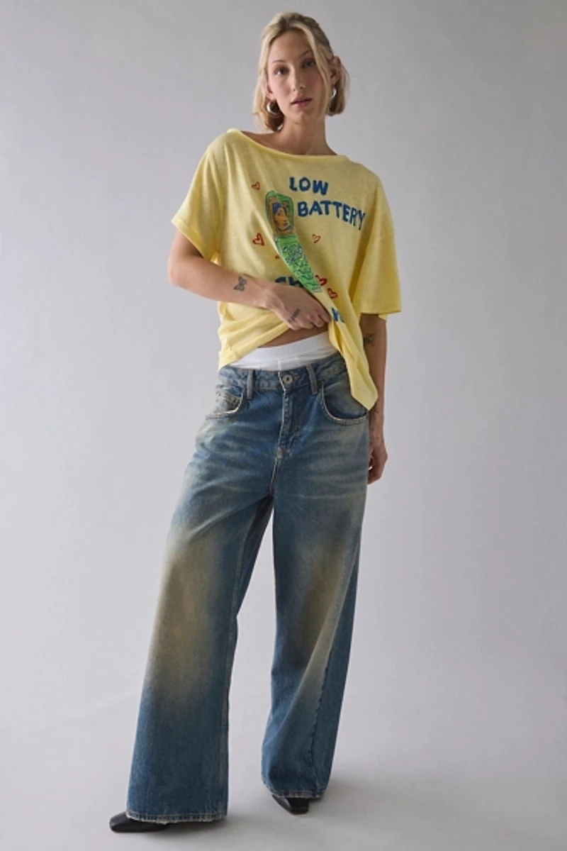 BDG Courtney Low Battery Graphic Off-The-Shoulder Oversized Tee