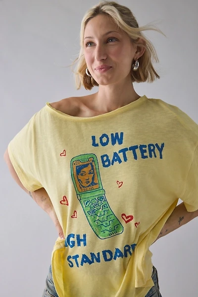 BDG Courtney Low Battery Graphic Off-The-Shoulder Oversized Tee